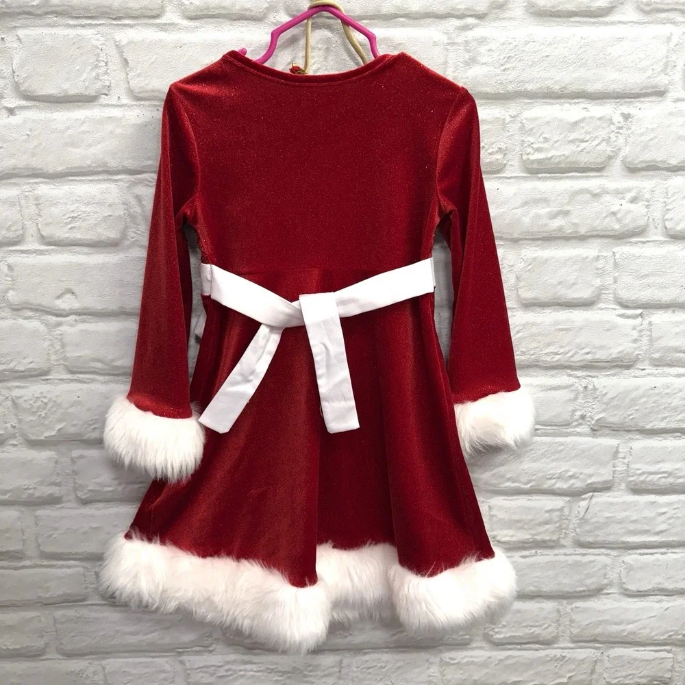 Bonnie Jean Girls 4T Christmas Dress Santa Claus‎ Red Sequin White Fur Trim